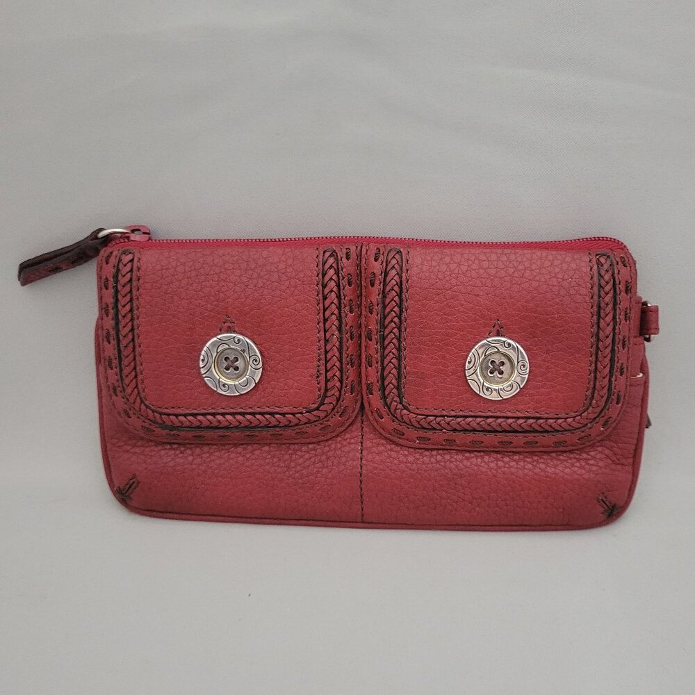 Brighton Red Pebbled Leather Clutch Wallet Card Holder Zip Snap Coin Stitched